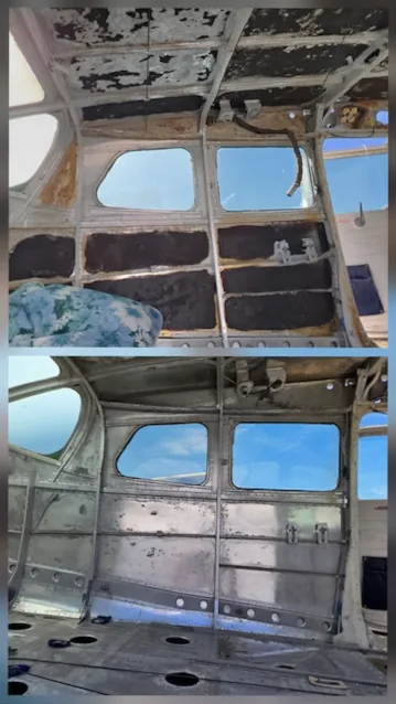Two views of the same aircraft cabin interior: sidewall panels with dark coating and residue, and the same area showing bare aluminum skin, frames and rivets.