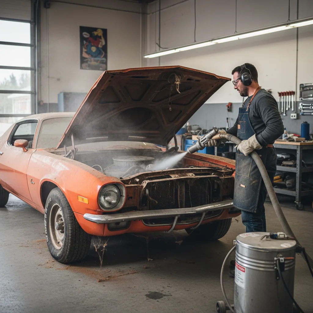 Mobile dry ice blasting on Barn-find frame — Calgary, AB — Summit Cryo