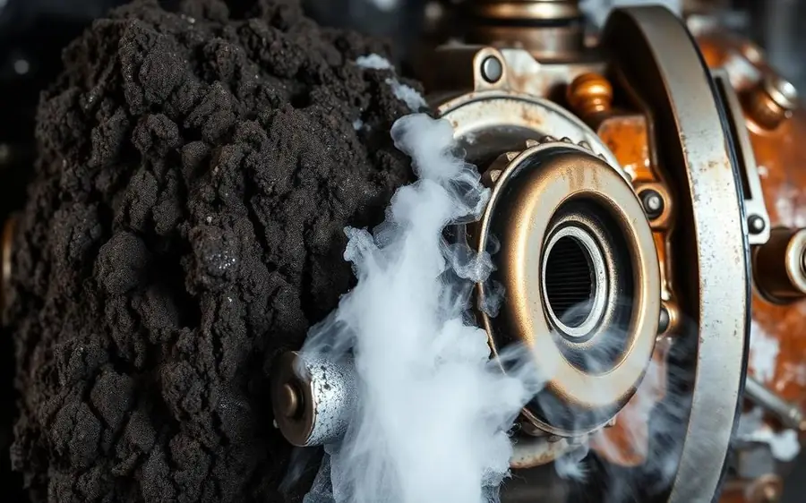 Industrial gearbox housing before and after dry ice blasting — carbonized grease removed without disassembly, water, or chemicals