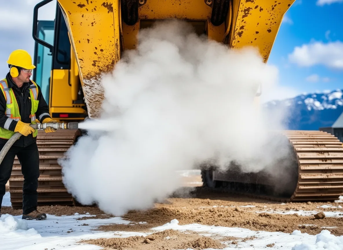 Mobile dry ice blasting on Excavator undercarriage — Coeur d'Alene, ID — Summit Cryo