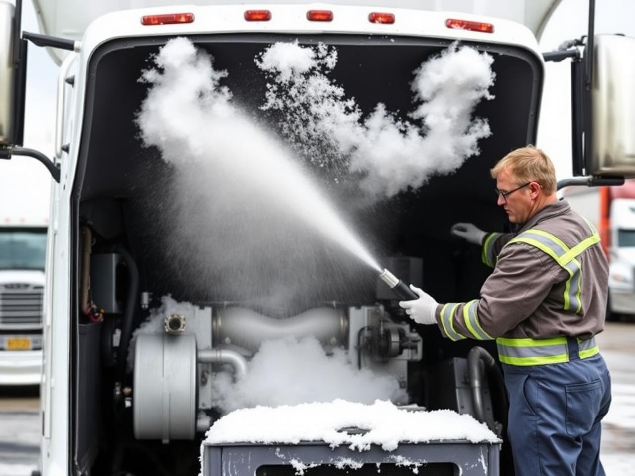 Mobile dry ice blasting on Class 8 tractor engine bay — Bismarck, ND — Summit Cryo