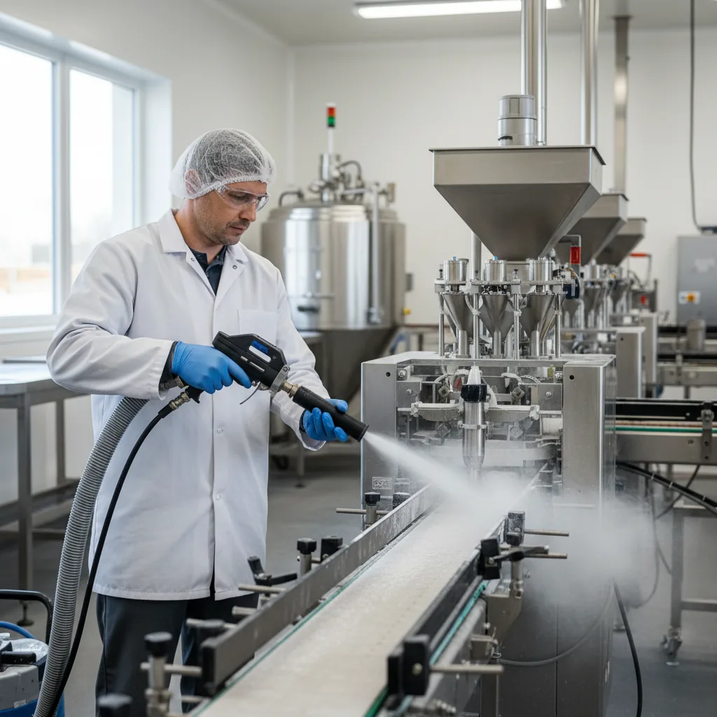 Mobile dry ice blasting on Packaging line frame — Fargo, ND — Summit Cryo