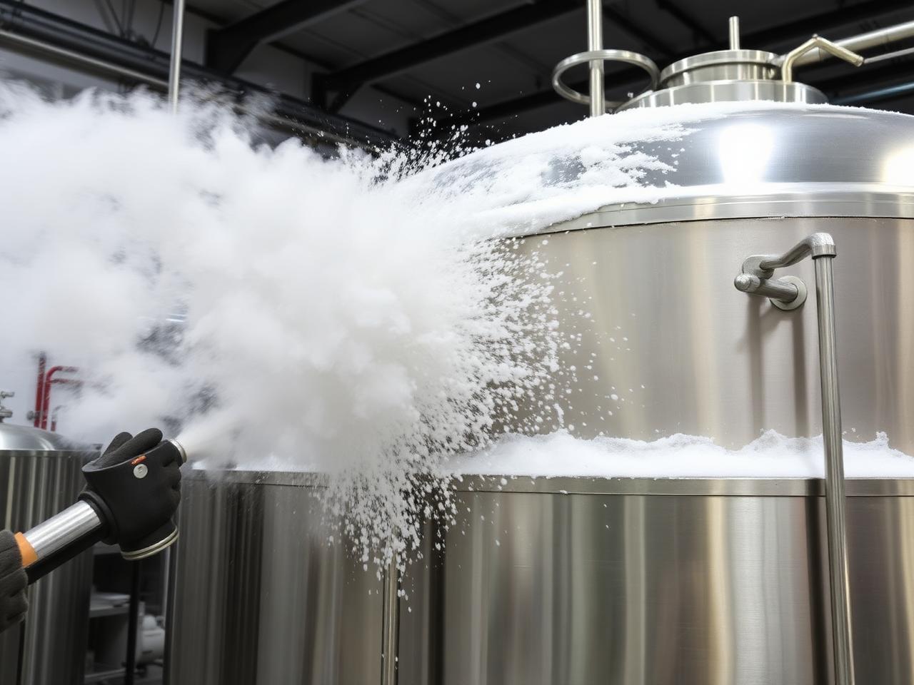 Mobile dry ice blasting on Stainless process tank exterior — Calgary, AB — Summit Cryo