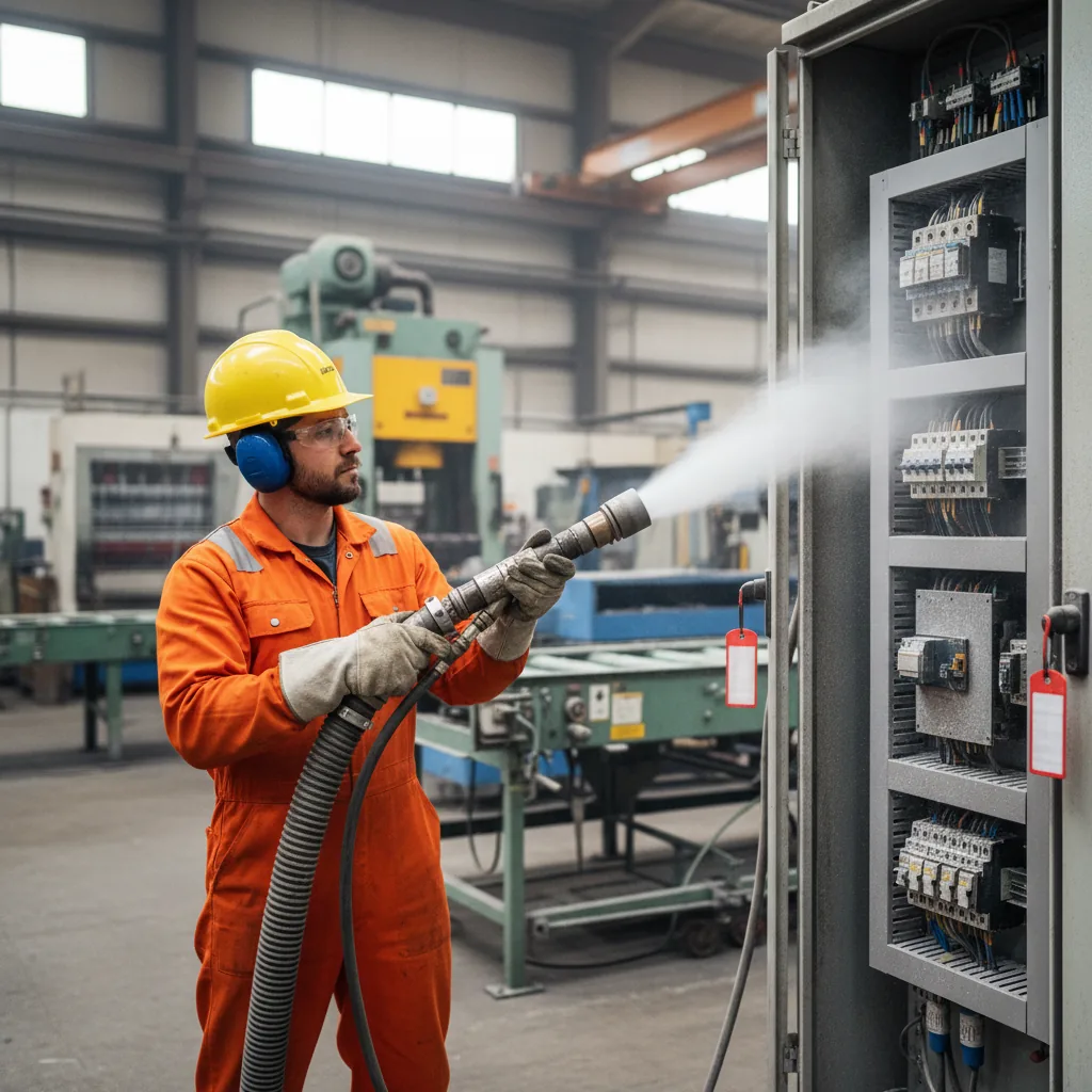 Mobile dry ice blasting on MCC electrical cabinet (energized) — Spokane, WA — Summit Cryo